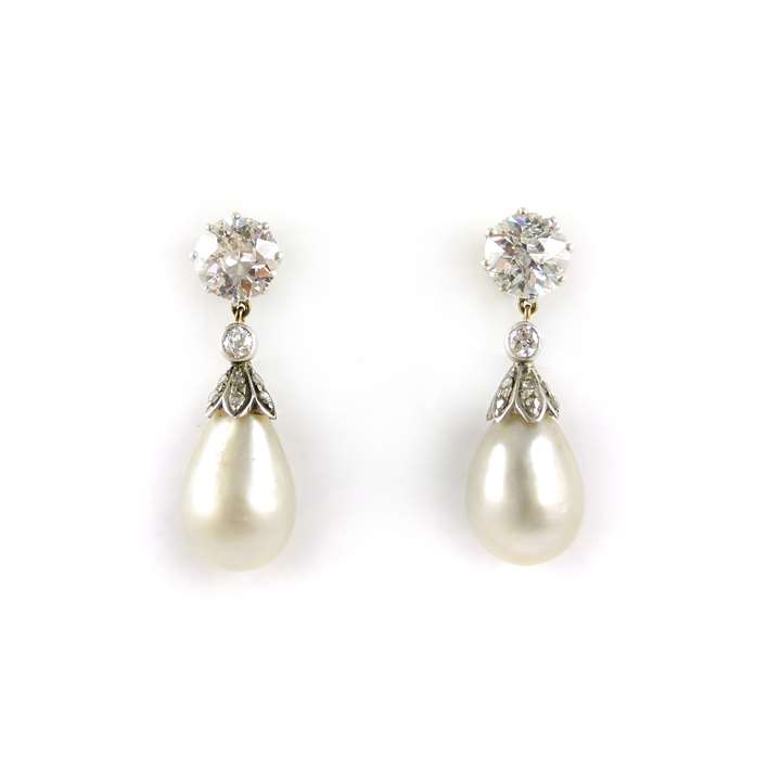 Pair of antique drop pearl and diamond pendant earrings